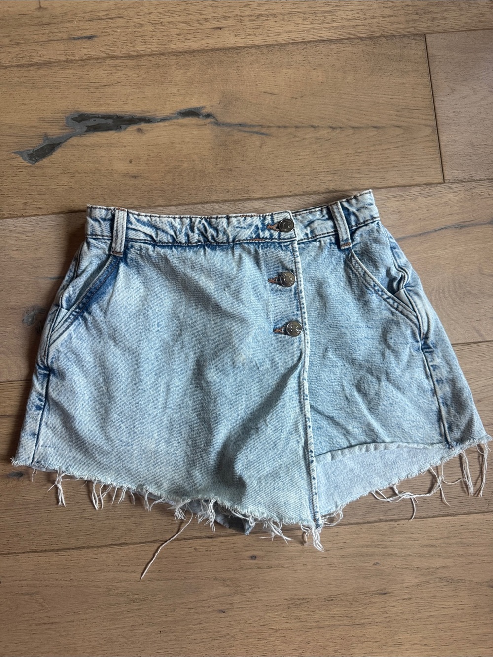 Zara Light Blue Denim Frayed Hem Shorts Skort